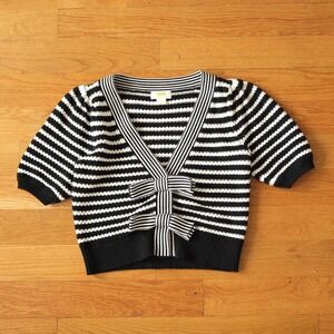 Maeve Anthropologie Cardigan Women XS Black White Striped Bow Front Cropped XS